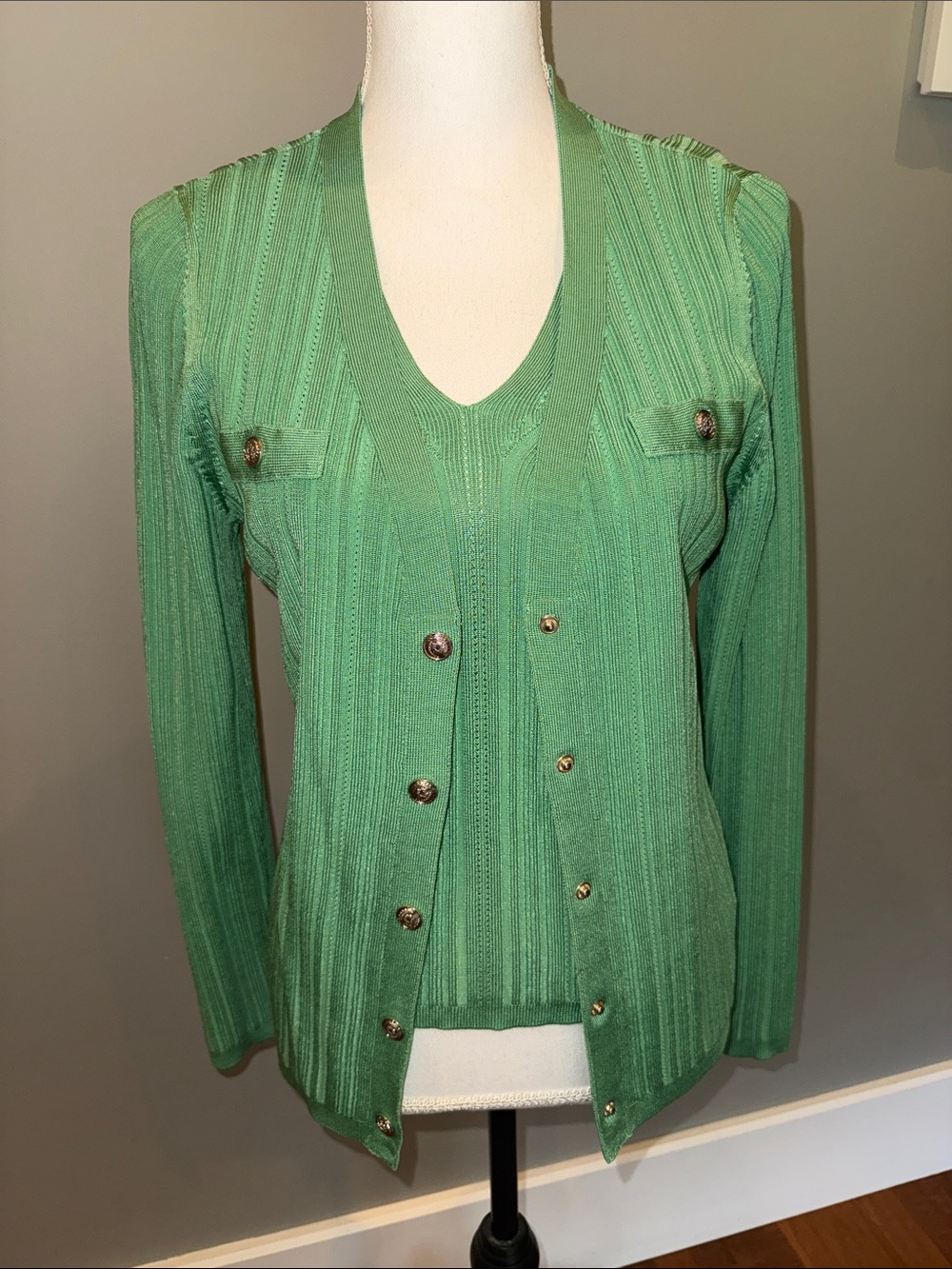 White House black market Green Ribbed Button-Front Cardigan Set